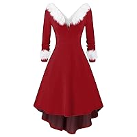 TWGONE Christmas Dresses for Women Funny Long Sleeve V Neck Fuzzy Maxi Dress A-line Cocktail Holiday Party Flare Dress