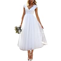 Women's Sleeveless Lace Tea Length V-Neck Evening Wedding Dresses Beach Bridal Gowns