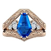 Coffin Shaped Blue Sapphire Engagement Ring Set 1 CT Art Deco Milgrain Blue Sapphire Wedding Ring Set 14k Gold Vintage Bridal Ring Set For Women
