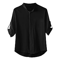 Mens Cotton Linen Cuban Guayabera Shirt Casual 3/4 Sleeve Button Down Shirts Summer Beach Tops Renaissance Tunic