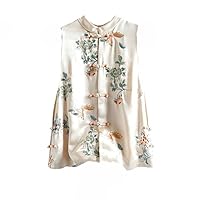 Summer Printing Women Vest Champagne Chinese Style Traditional Top Oriental Ethnic Stand Collar Sleeveless Waistcoat