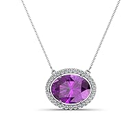 Oval Cut Amethyst & Round Natural Diamond 2.85 ctw Women East West Halo Pendant Necklace 14K Gold