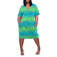 African Dresses for Women 2022 Women's Summer Plus Size V Neck Short Sleeve Knee Pocket Casual Dress