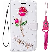 Sparkly Wallet Women Phone Case with Glass Screen Protector,Bling Diamonds Leather Folio Stand Wallet Phone Cover with Lanyards (Rose Flowers,for iPhone XR)