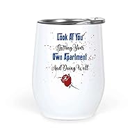 Funny Housewarming Gift for First Time Apartment Owners - Look At You, Adulting - 12 Oz White Stainless Steel Wine Tumbler