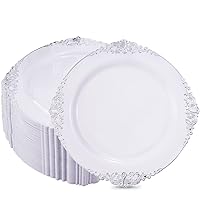 Hioasis 100pcs Silver Plastic Plates & White with Silver Disposable Plates & 10.25inch Silver Disposable Dinner Plates-Perfect for Christmas & Wedding & Party