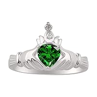 14K White Gold Claddagh Love, Loyalty & Friendship Ring with Heart 6MM Gemstone & Diamond Accent - Exquisite Claddagh Rings Birthstone Jewelry for Women - Available in Sizes 5-13