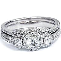 1.00 CT Round Diamond Three Stone Halo Wedding Anniversary Ring Set 14K White Gold Over