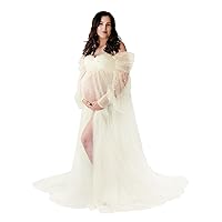 PLUVIOPHILY Off Shoulder Long Sleeves Pearl Tulle Maternity Dress for Photoshoot Baby Shower Maternity Photography Dress