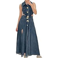 Autumn Summer Ladies Denim Dress Sleeveless Pockets Women Shirt Floor Length Party Beach Dresses