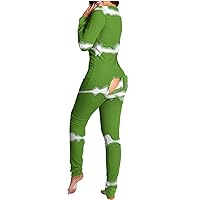 Womens Sexy Long Jumpsuits Butt Flap One Piece Pajamas Stripe Printed Long Sleeve Bodysuit Button V Neck Sleepwears