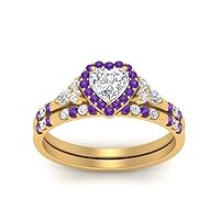 Choose Your Gemstone Halo Edwardian Wedding Ring and Band Yellow Gold Plated Heart Shape Wedding Ring Sets Matching Jewelry Wedding Jewelry Easy to Wear Gifts US Size 4 to 12