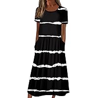 Calf-Length Funny Spring Tunic Dress Women Home Short Sleeve Crewneck Striped Dresses Womans Comfortable Black L