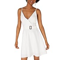 Womens Juniors' Belted Faux-Wrap Dress, White, XX-Small