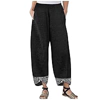 Women Summer High Elastic Waisted Cotton Linen Palazzo Pants Wide Leg Long Split Joggers Pant Trousers with Pockets