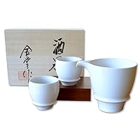 有田焼やきもの市場 Sake set 3 pcs Porcelain Ceramic Made in Japan Arita Imari ware 1 pc Sake Pitcher 9.1 fl oz and 2 pcs Cups Hakuji White Maru