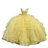 Mollybridal V Neck Ball Gown Quinceanera Dresses with Train Puffy for Women Teen Prom Sweet 15 Dress Flowers
