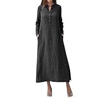 Women's Spring Dresses Long Sleeved Solid Color Casual Maxi Shirt Pullover Dresses 2024, S-3XL