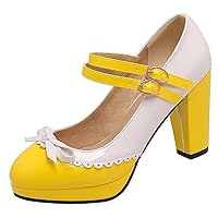Women's Chunky High Heels Bow Mary Jane Pumps Shoes Two Toned Round Toe Platform Wedding Party Dress Shoe