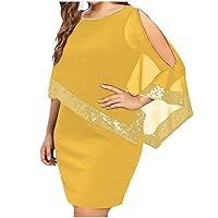 NeeMee Plus Size Cape Dress for Women Glitter Sequin Pencil Dress with Chiffon Overlay Wedding Cocktail Party Midi Dress