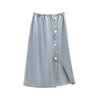 Women's Spring Plus Size Light Blue Loose Irregular Slit Solid A-Line Denim Skirt