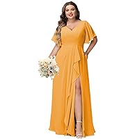 Women Short Sleeves Bridesmaid Dresses Plus Size 2024 with Slit Chiffon V Neck Long Formal Party Dress with Pocket DE52
