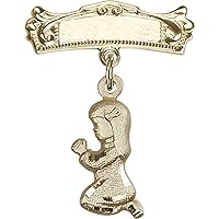 Jewels Obsession Baby Badge with Praying Girl Charm and Arched Polished Badge Pin | 14K Gold Baby Badge with Praying Girl Charm and Arched Polished Badge Pin - Made In USA