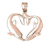 Solid 14K Rose Gold Dolphin Heart Pendant - 27 mm