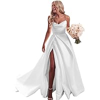 Women's Off The Shoulder Wedding Dresses for Bride Satin Prom Dress with Trains Strapless Slit Formal Evening Gown