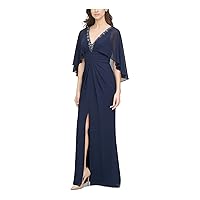 Vince Camuto Womens Embellished Slitted Capelet Detail Pleated Flutter Sleeve V Neck Full-Length Evening Gown Dress