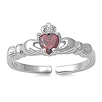 Heart Solitaire Claddagh Simulated Garnet Clear Simulated CZ .925 Sterling Silver Toe Ring