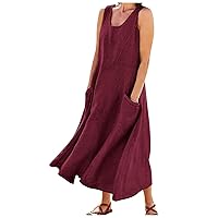 Tank Top Dress Linen Dresses for Women 2024 Solid Color Classic Casual Loose Fit with Sleeveless U Collar Pockets Summer Dress Wine Large