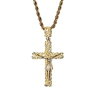 Nugget Cross Men Women 925 Italy Gold Finish Iced Silver Charm Ice Out Pendant Stainless Steel Real 2 mm Rope Chain Necklace, Mens Jewelry, Iced Pendant, Rope Necklace 16