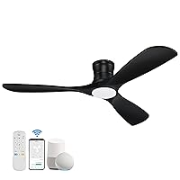 52” Smart Wood Low Profile Ceiling Fan with Lights Remote,Quiet DC Motor,Outdoor Indoor Flush Mount Ceiling Fans Controlled by WIFI Alexa App,Modern Black for Bedroom Living Room Patio Porch