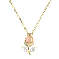Caimeytie Pink Crystals Rose Flower Pendant Necklace for Women and Girls with Stainless Steel Chain Gold Plated