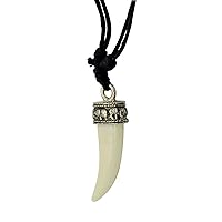 Tiger Teeth Resin Silver Elephant Adjustable Men Necklace Leather Beach Boho Fang 19 to 29 Inches