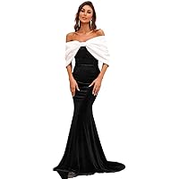 Women's Dress Color Block Off Shoulder Ruched Bust Velvet Prom Dress Dress for Women (Color : Black and White, Size : Large)