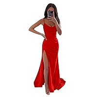 Women Spaghetti Straps Mermaid Prom Dress Sexy Cowl Neck Side Slit Pleated Formal Evening Satin Ball Gown Summer