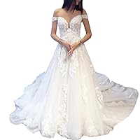 Princess Ball Gown Wedding Dress Off Shoulder Lace Applique Bride Dress lace up with Long Train BA-N-OF248197