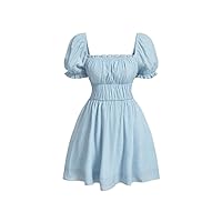 Dresses for Women - Square Neck Puff Sleeve Ruched Bust Milkmaid Dress