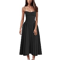 Womens Corset Dress Spaghetti Strap Bustier Midi Dress Flowy Pleated Hem Low Cut Sexy Prom Dresses