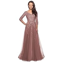 Women's V Neck Tulle Mother of Bride Dresses with 3/4 Sleeve Lace Appliques Long Formal Evening Gowns