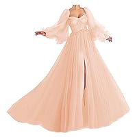 Princess-Cut Ball Gowns with Long Sleeves A Line Prom Dress Long Tulle Evening Dress Sweetheart Neck Formal Dress