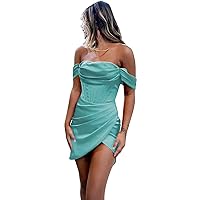 Off The Shoulder Satin Homecoming Dresses Short for Juniors Lace Up Ruffles Cocktail Evening Party Gown 2024 Turquoise 22W