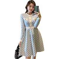 Vintage Knitted Sweater Maxi Dresses for Women Party Korean Plaid Mini Dress Robe Femme Vestidos Autumn