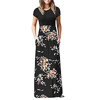 Women's Short Sleeve Color Block Floral Printed Long Dress Polka Dot Striped Leopard Tunic High Waisted Loose Dress