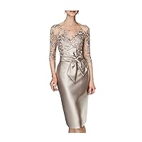 Sheath/Column Mother of The Bride Dress Plus Size Elegant See Through Bateau Neck Knee Length Satin Tulle Half Sleeve