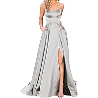 Women's Satin Prom Dresses Long Ball Gown with Slit Backless Spaghetti Straps Halter Formal Evening Party Dress (Silver,16,US,Numeric,16,Regular,Regular)
