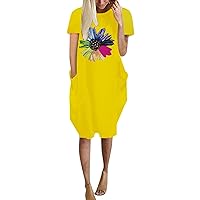 Summer Dresses for Women 2022 Short Sleeve O Neck Print Tunic Dresses Plus Size Casual Tshirt Dress with Pockets