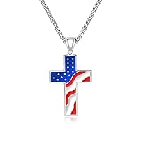 Mens Stainless Steel American USA Flag Day Gift Patriotic Star and Stripes Cross Religious Pendant Necklace for Men Women